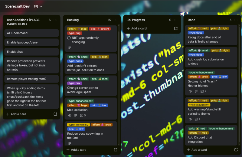 Trello kanban board of player feedback